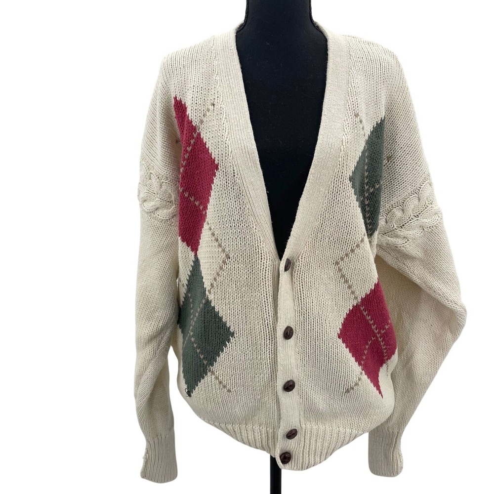 Vintage Structure Argyle‎ Cardigan Sweater Mens Medium Cream Cable